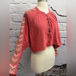 We The Free Mauve Tose Pink Cropped Top Boho Embroidered Tribal Long Sleeves